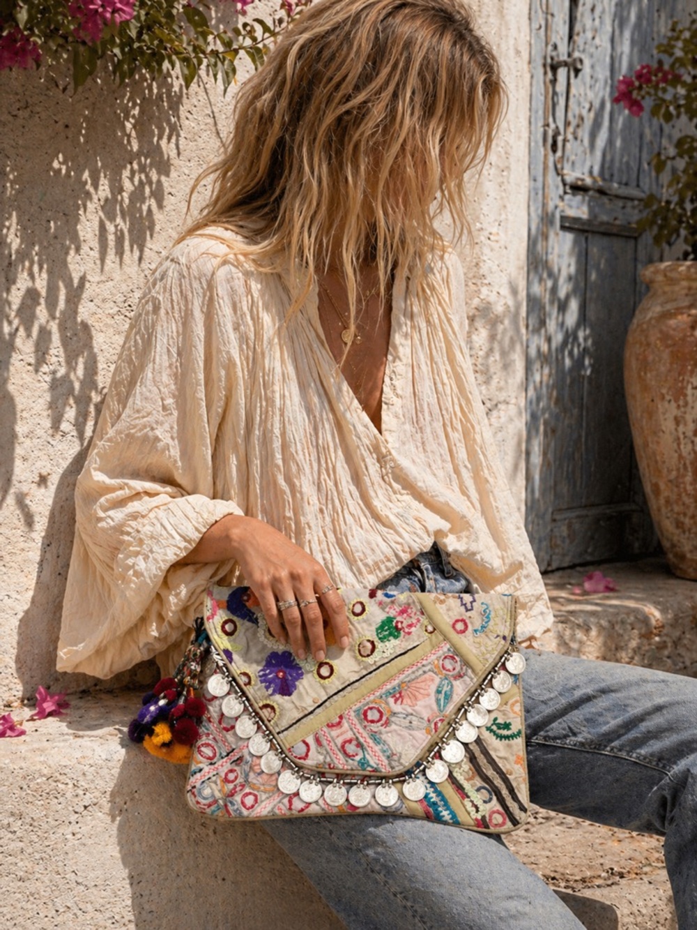 Antik Batik Paris Handmade Boho Embroidered Coin Clutch Bag Vintage Artisan NWT